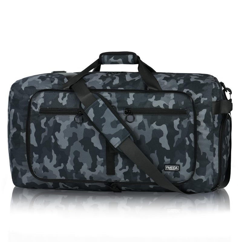 Fmeida 65L Duffle Bag with Shoes Compartment, Foldable Travel Duffel Bags for Men Women, Large Packable Travel Bag Water Repellent & Tear Resistant (BlackCamo) - Image 1