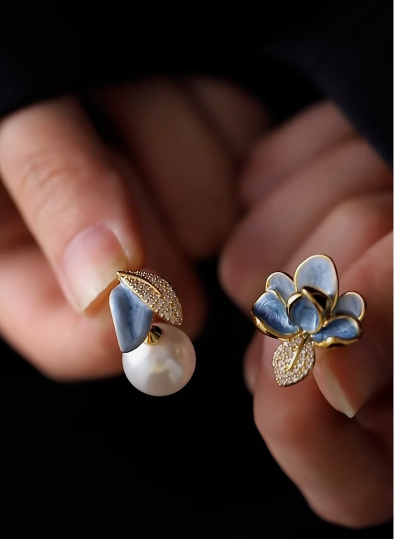 Wisalia Earrings for Ladies - 18K Gold Plated Floral Studs with Pearl Drop & Zircon, Unique Asymmetric Design for Wedding/Gift for Her - Image 3