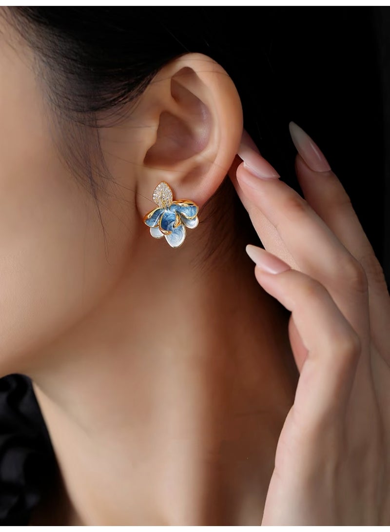 Wisalia Earrings for Ladies - 18K Gold Plated Floral Studs with Pearl Drop & Zircon, Unique Asymmetric Design for Wedding/Gift for Her - Image 4