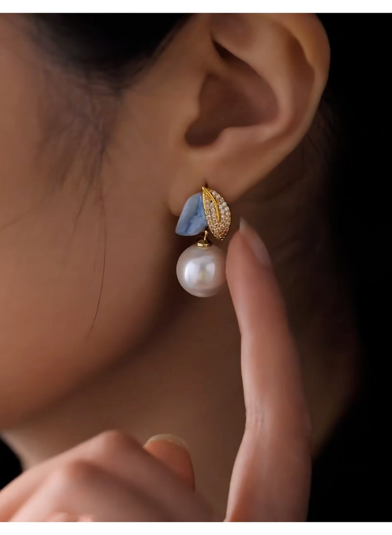 Wisalia Earrings for Ladies - 18K Gold Plated Floral Studs with Pearl Drop & Zircon, Unique Asymmetric Design for Wedding/Gift for Her - Image 5