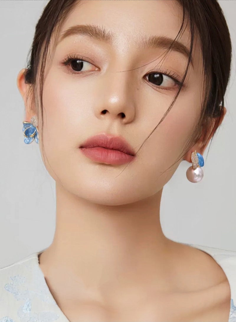 Wisalia Earrings for Ladies - 18K Gold Plated Floral Studs with Pearl Drop & Zircon, Unique Asymmetric Design for Wedding/Gift for Her - Image 2