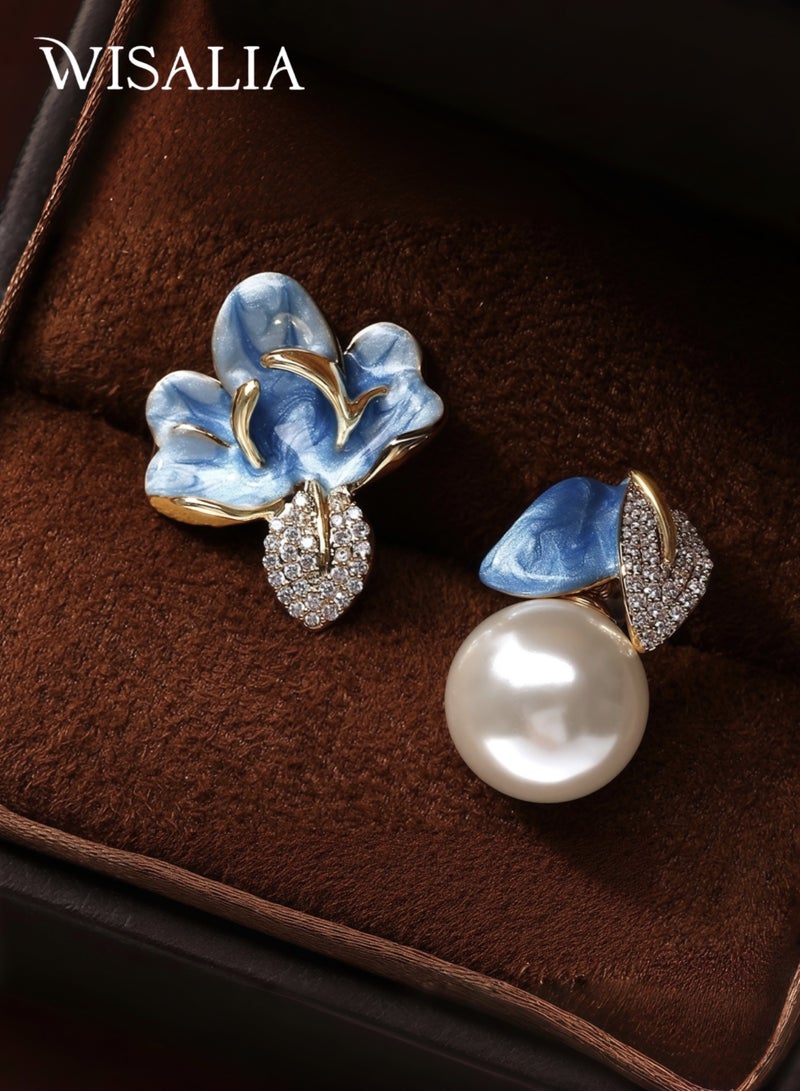Wisalia Earrings for Ladies - 18K Gold Plated Floral Studs with Pearl Drop & Zircon, Unique Asymmetric Design for Wedding/Gift for Her - Image 1