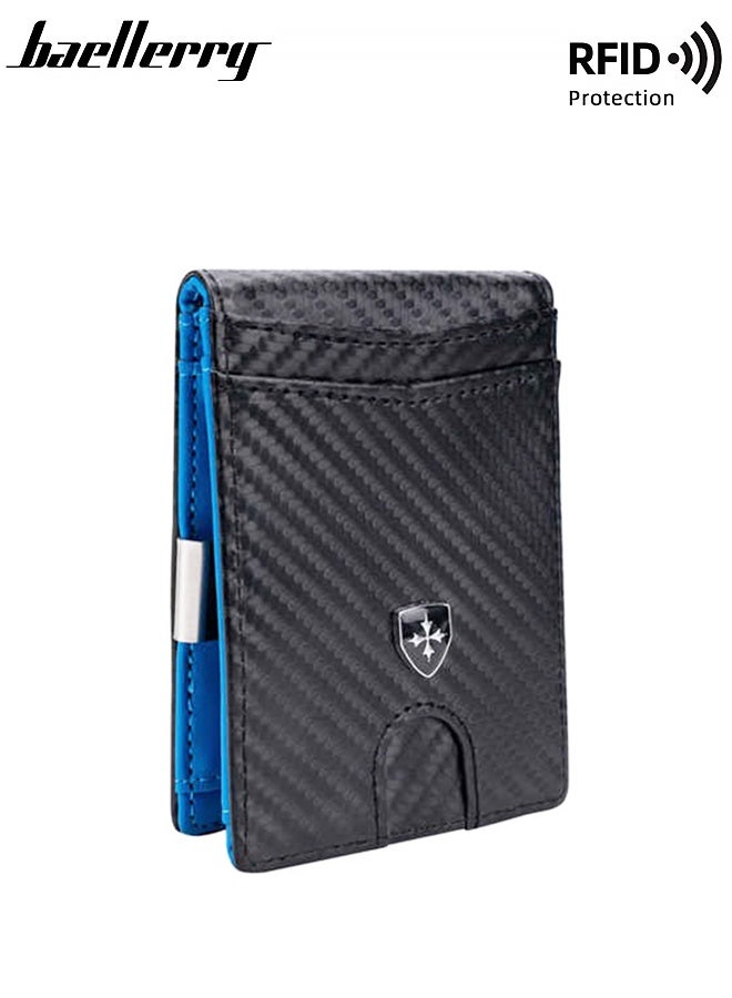 baellerry Men's wallet Slim Minimalist Leather RFID Blocking Carbon Fiber Card Holder with Money Clip Bifold Front Pocket for Men as Ideal (Blue)  - Image 1
