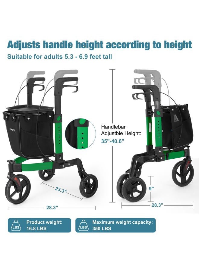StrollAid 3 Wheel Rollator Walker, Walkers for Seniors, Rollator Walker Lightweight Foldable, with Tray and Large Storage Bag, 10 Inch Tri-Wheel Modern Mobility Walking Aid Aluminum, Green - Image 3