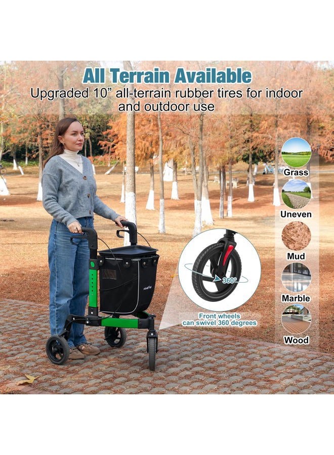 StrollAid 3 Wheel Rollator Walker, Walkers for Seniors, Rollator Walker Lightweight Foldable, with Tray and Large Storage Bag, 10 Inch Tri-Wheel Modern Mobility Walking Aid Aluminum, Green - Image 2