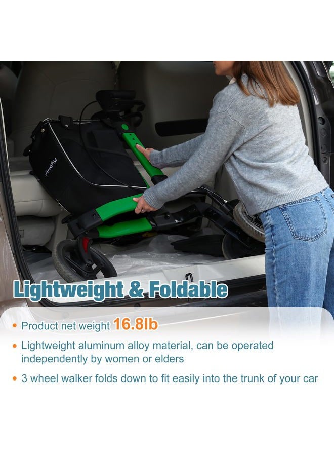 StrollAid 3 Wheel Rollator Walker, Walkers for Seniors, Rollator Walker Lightweight Foldable, with Tray and Large Storage Bag, 10 Inch Tri-Wheel Modern Mobility Walking Aid Aluminum, Green - Image 4