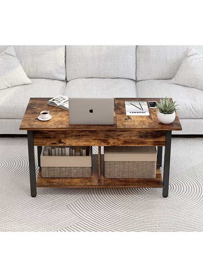 2 Tier Coffee Table with Double-Layer Storage Cabinet and Hidden Storage Compartments, Multi-Functional Height-Adjustable Large-Capacity Sofa Side Table/Corner Table, Suitable for Living Room/Bedroom/Office - Image 2