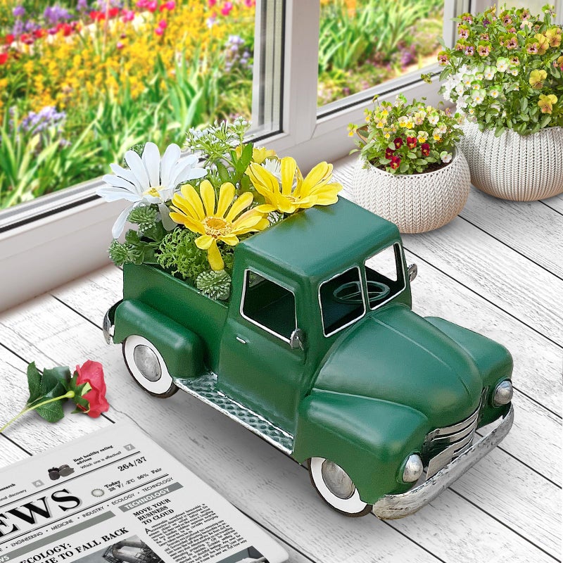 FGYPYLFF Farmhouse Green Truck Decor, Metal Pickup Trucks Planter, Vintage Old Truck Desktop Storage Car Model for Home Indoor and Outdoor Table Center Decor - Image 2