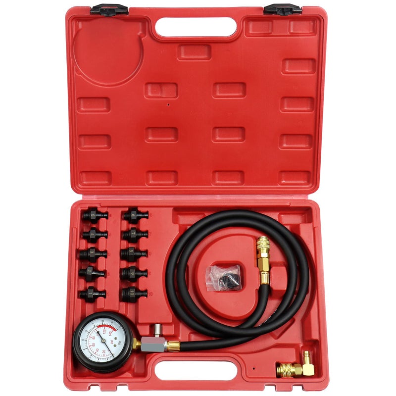 JoyFans Oil Pressure Tester Tool 0140PSI Oil Pressure Gauge Kit for Fuel System Mechanical Sensor Engine Cylinder Compression Test with Hose Adapters for Cars ATVs Trucks Use Red Case