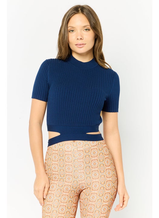 Women Mock Neck Short Sleeve Textured Top, Navy