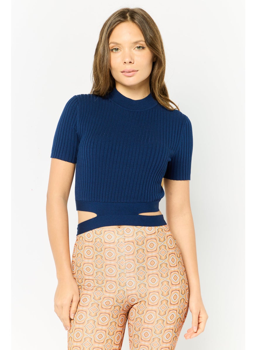 ESPRIT Women Mock Neck Short Sleeve Textured Top, Navy  - Image 1