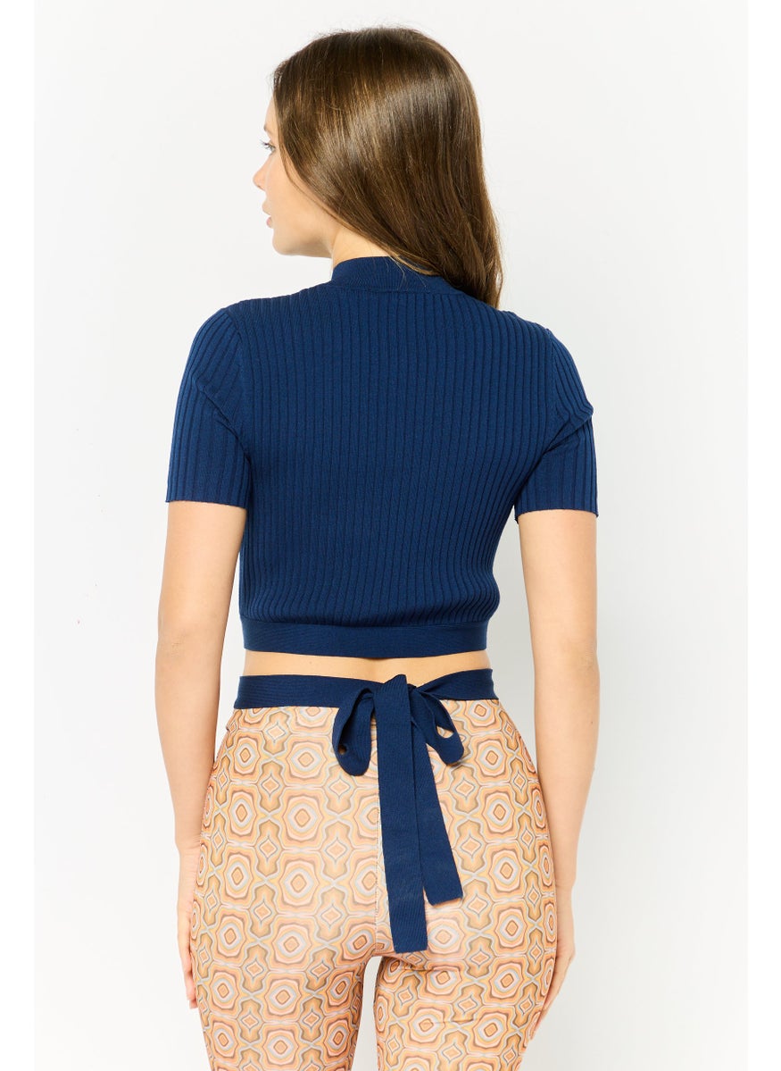 ESPRIT Women Mock Neck Short Sleeve Textured Top, Navy  - Image 4