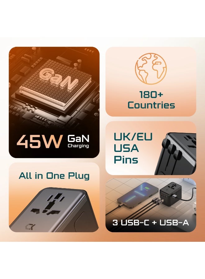 AcceOn ACC-AD354 45W GaN Universal Travel Adapter – 4 Ports (3 USB-C + 1 USB-A), Worldwide Compatibility in 180+ Countries (UK/EU/USA/AUS), Fast Charging for Laptops, Phones & Tablets – Black - Image 2
