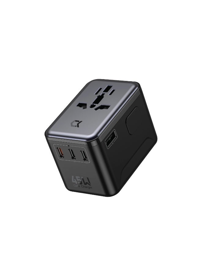 AcceOn ACC-AD354 45W GaN Universal Travel Adapter – 4 Ports (3 USB-C + 1 USB-A), Worldwide Compatibility in 180+ Countries (UK/EU/USA/AUS), Fast Charging for Laptops, Phones & Tablets – Black - Image 1