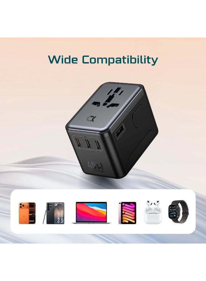 AcceOn ACC-AD354 45W GaN Universal Travel Adapter – 4 Ports (3 USB-C + 1 USB-A), Worldwide Compatibility in 180+ Countries (UK/EU/USA/AUS), Fast Charging for Laptops, Phones & Tablets – Black - Image 4