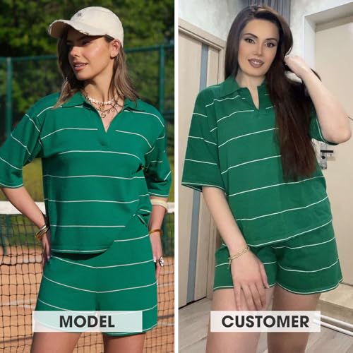 EXLURA Women Summer 2 Piece Outfits Faux Cashmere Sweater Knit Oversized Polo V Neck Top Matching Shorts Vacation Lounge Sets - Image 2