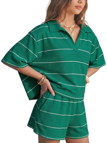 EXLURA Women Summer 2 Piece Outfits Faux Cashmere Sweater Knit Oversized Polo V Neck Top Matching Shorts Vacation Lounge Sets - Image 1