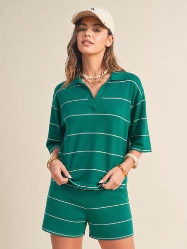 EXLURA Women Summer 2 Piece Outfits Faux Cashmere Sweater Knit Oversized Polo V Neck Top Matching Shorts Vacation Lounge Sets - Image 4