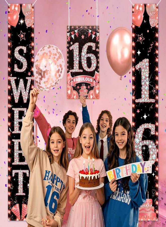 TagreSpike Happy 16th Birthday Decorations Door Banner for Girls Rose Gold Sweet 16 Birthday Banner Porch Sign 16 & Fabulous Door Sign Cheers to 16 Years Old Bday Party Supplies Decor for Indoor Outdoor - Image 3