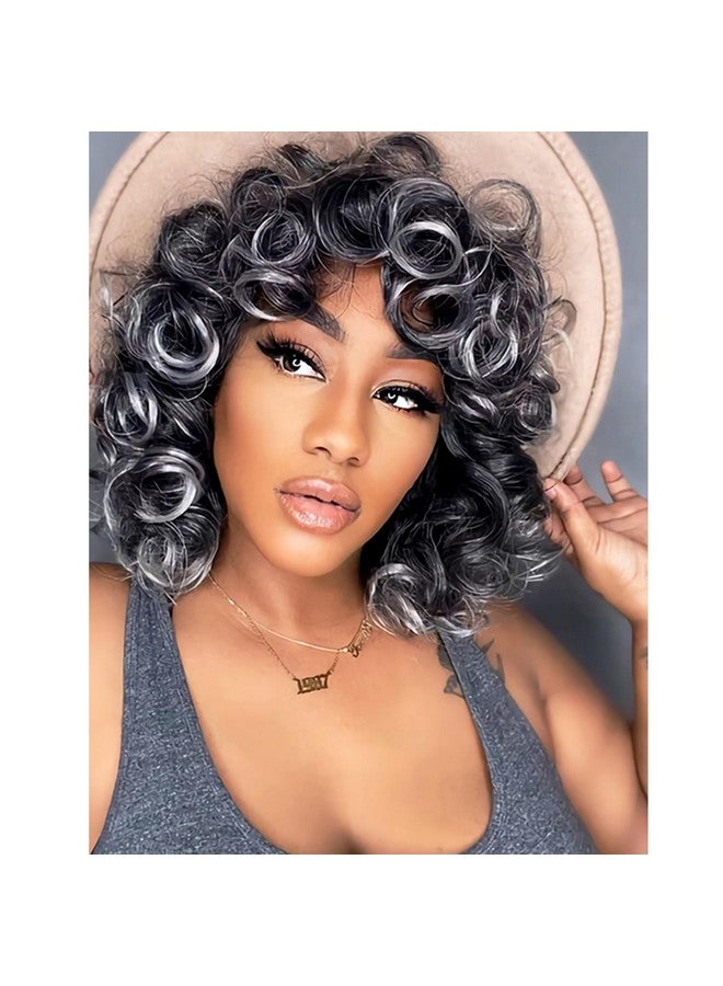 G&T Wig Grey Curly Wig With Bangs For Black Women Glueless Wear And Go Wig Afro Curly Synthetic Wigs Ombre Color Heat Resistant Short Curly Wigs Natural Looking Hair For Daily Party Use (1B/Grey) - Image 1