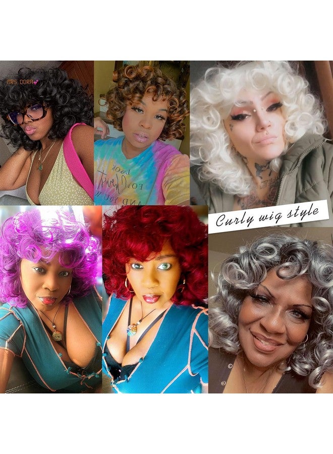 G&T Wig Grey Curly Wig With Bangs For Black Women Glueless Wear And Go Wig Afro Curly Synthetic Wigs Ombre Color Heat Resistant Short Curly Wigs Natural Looking Hair For Daily Party Use (1B/Grey) - Image 3