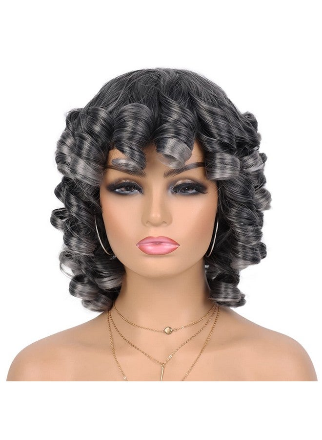 G&T Wig Grey Curly Wig With Bangs For Black Women Glueless Wear And Go Wig Afro Curly Synthetic Wigs Ombre Color Heat Resistant Short Curly Wigs Natural Looking Hair For Daily Party Use (1B/Grey) - Image 4