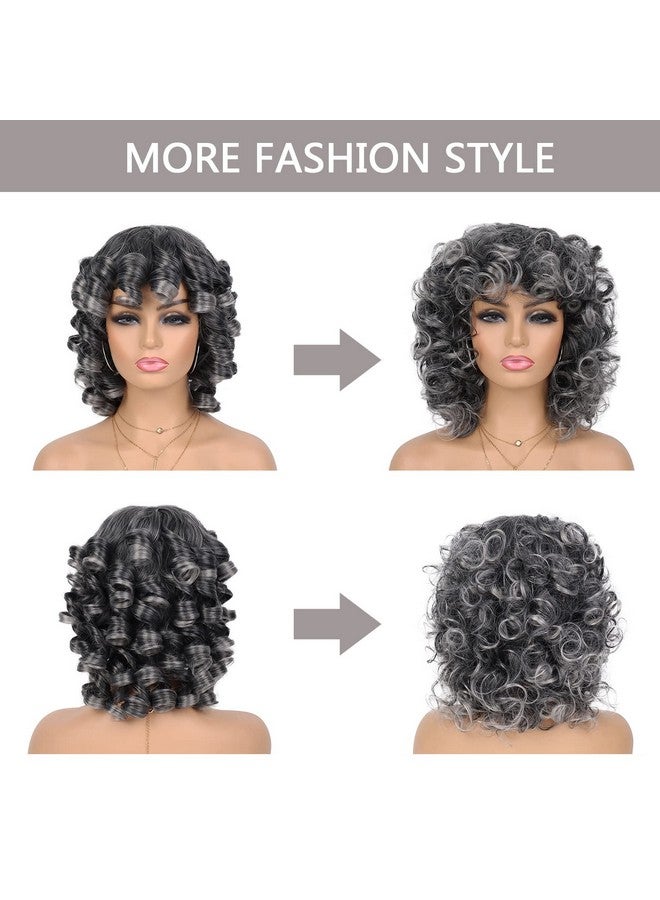 G&T Wig Grey Curly Wig With Bangs For Black Women Glueless Wear And Go Wig Afro Curly Synthetic Wigs Ombre Color Heat Resistant Short Curly Wigs Natural Looking Hair For Daily Party Use (1B/Grey) - Image 2