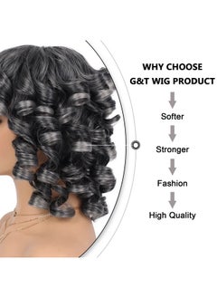 G&T Wig Grey Curly Wig With Bangs For Black Women Glueless Wear And Go Wig Afro Curly Synthetic Wigs Ombre Color Heat Resistant Short Curly Wigs Natural Looking Hair For Daily Party Use (1B/Grey)  - Image 5