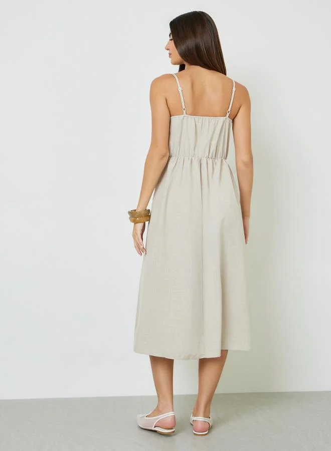Take Two  Beige Solid Strappy A-Line Midi Dress for Women | Best Price UAE