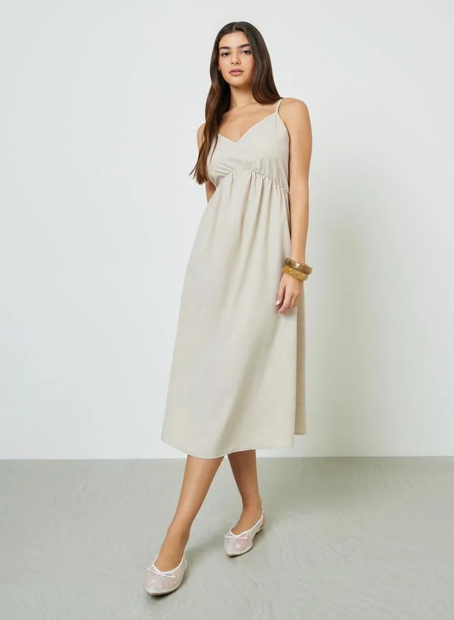 تايك تو Beige Solid Strappy A-Line Midi Dress