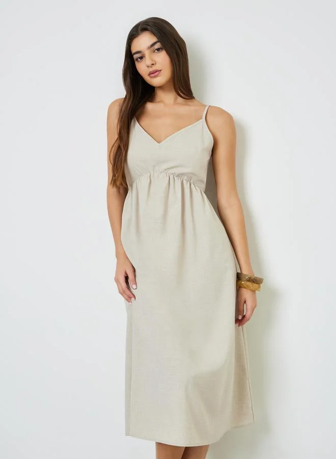 تايك تو Beige Solid Strappy A-Line Midi Dress