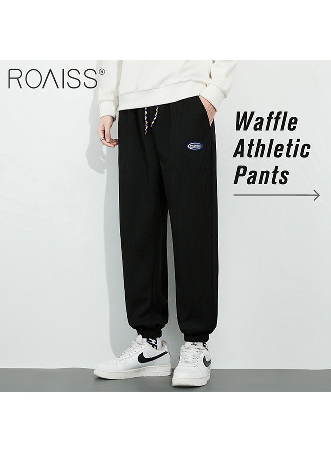 roaiss Straight Pants Mens Casual Sweatpants Elastic Waist Sports Pants Waffle Jogging Pants Men Sportswear Joggers Pants Streetwear  - Image 3