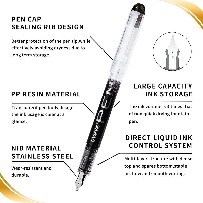 EYEYE Disposable Fountain Pens Fine Point, 8 Pack Black Pens for Writing, Stainless Steel Nib, Smooth Writing for Journaling, Drafting, Sketching, Doodling & Office Supplies - Image 3