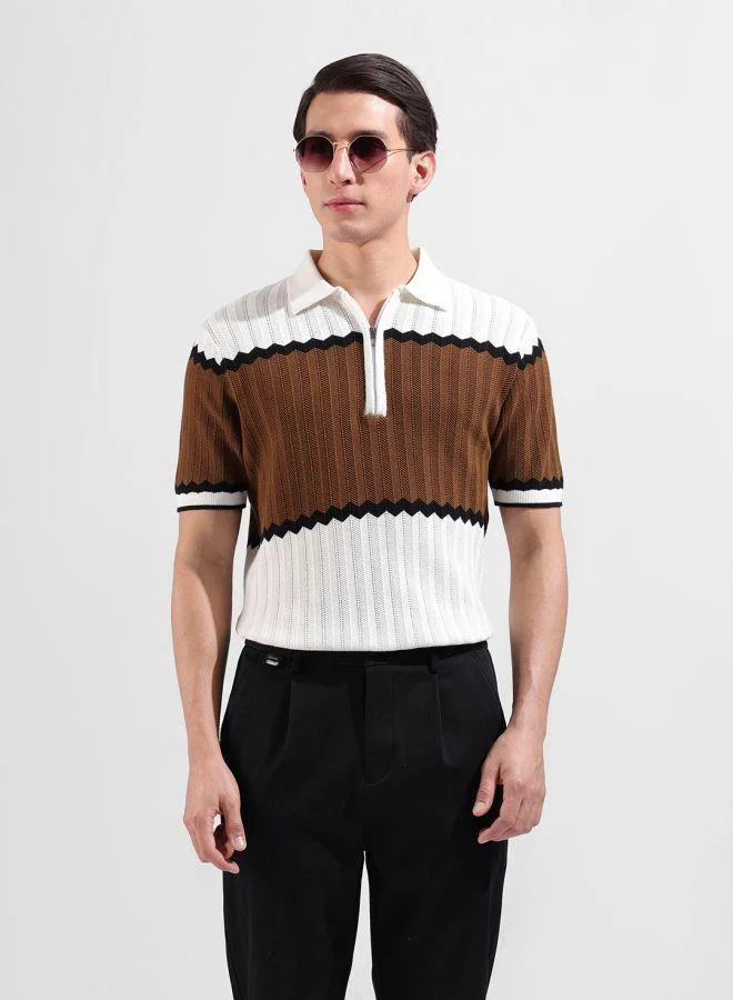 The Indian Garage Co Men Slim Fit Textured Polo Neck Half Sleeves T-Shirt