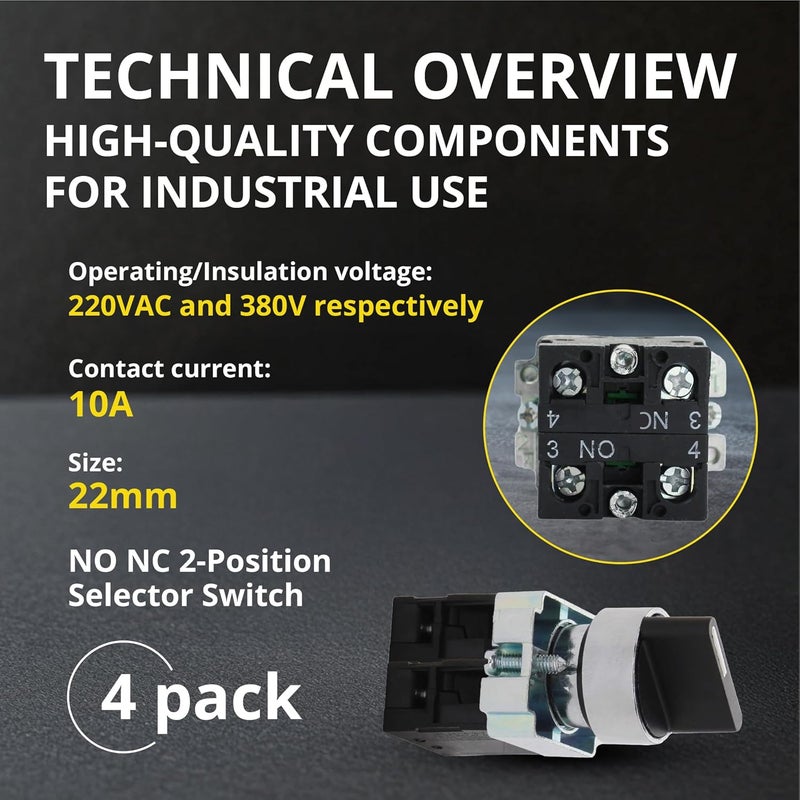 SHOPCORP Rotary Switch - 2-Position Selector Switch Maintained - 22mm Mounting Hole - Electric NO NC Latching - 220VAC Voltage and 10A Contact Current - (4 Pack) - Image 4