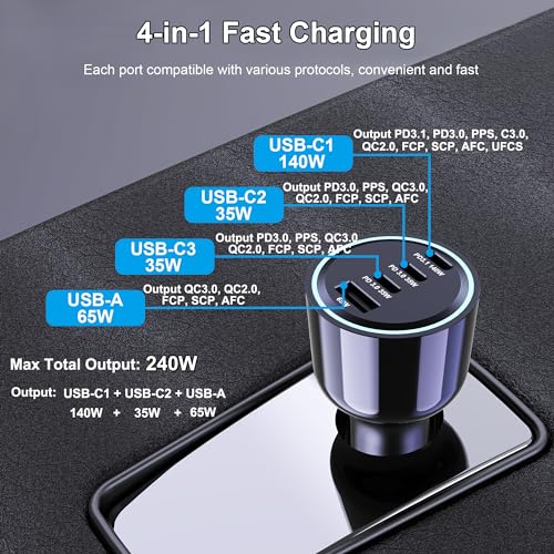 URVNS 240W USB C Car Charger, Super Fast Charging 4-Ports PD3.1 140W/PD3.0 100W PPS 45W QC65W Type-C Car Adapter for MacBook Pro Laptop iPhone 16 15 Max iPad Samsung Galaxy S24/23 Pixel etc - Image 3
