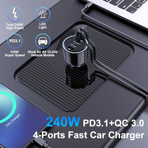 URVNS 240W USB C Car Charger, Super Fast Charging 4-Ports PD3.1 140W/PD3.0 100W PPS 45W QC65W Type-C Car Adapter for MacBook Pro Laptop iPhone 16 15 Max iPad Samsung Galaxy S24/23 Pixel etc - Image 2