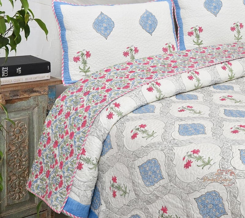 BRULD BRULD 380 GSM Jaipuri Razai Hand Block Machine Quilting Printed Breathable Quilted Bedspread Bedcover with 2 Pillow Cover Winter Cotton King Razai Quilt RazaiKing Size Rajai Blue Botta  - Image 3