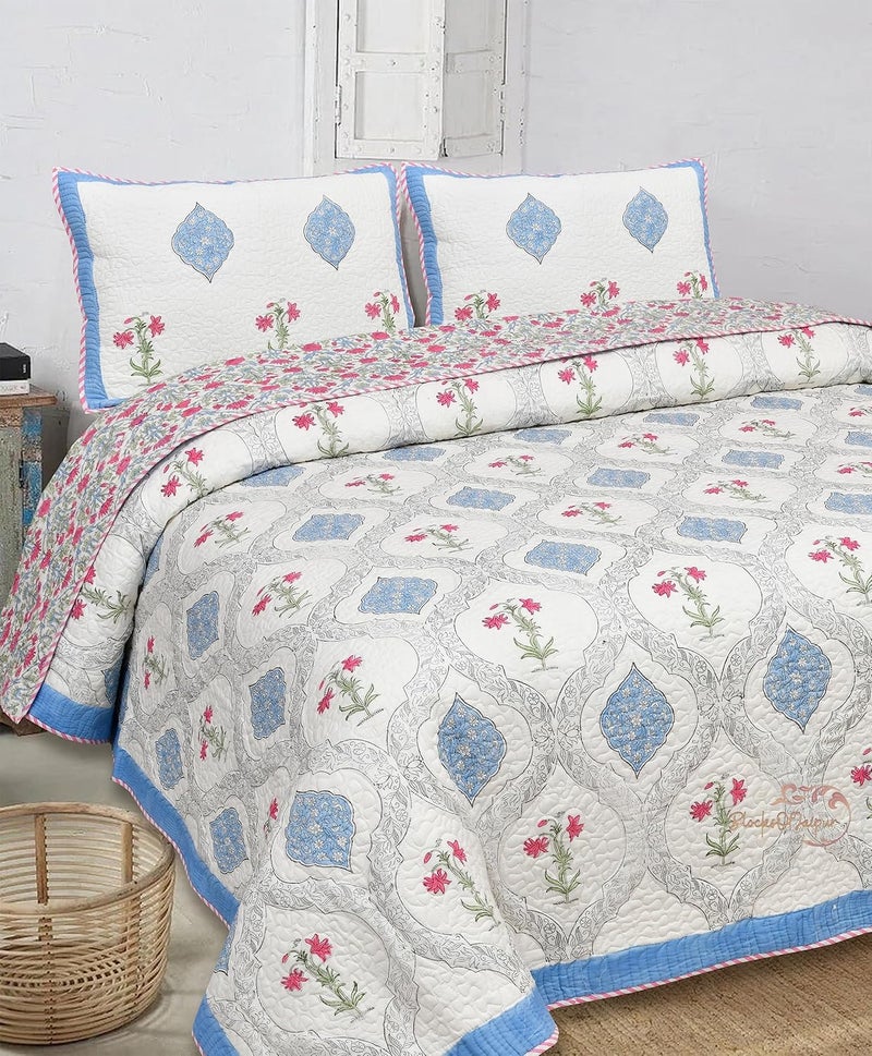 BRULD BRULD 380 GSM Jaipuri Razai Hand Block Machine Quilting Printed Breathable Quilted Bedspread Bedcover with 2 Pillow Cover Winter Cotton King Razai Quilt RazaiKing Size Rajai Blue Botta  - Image 1