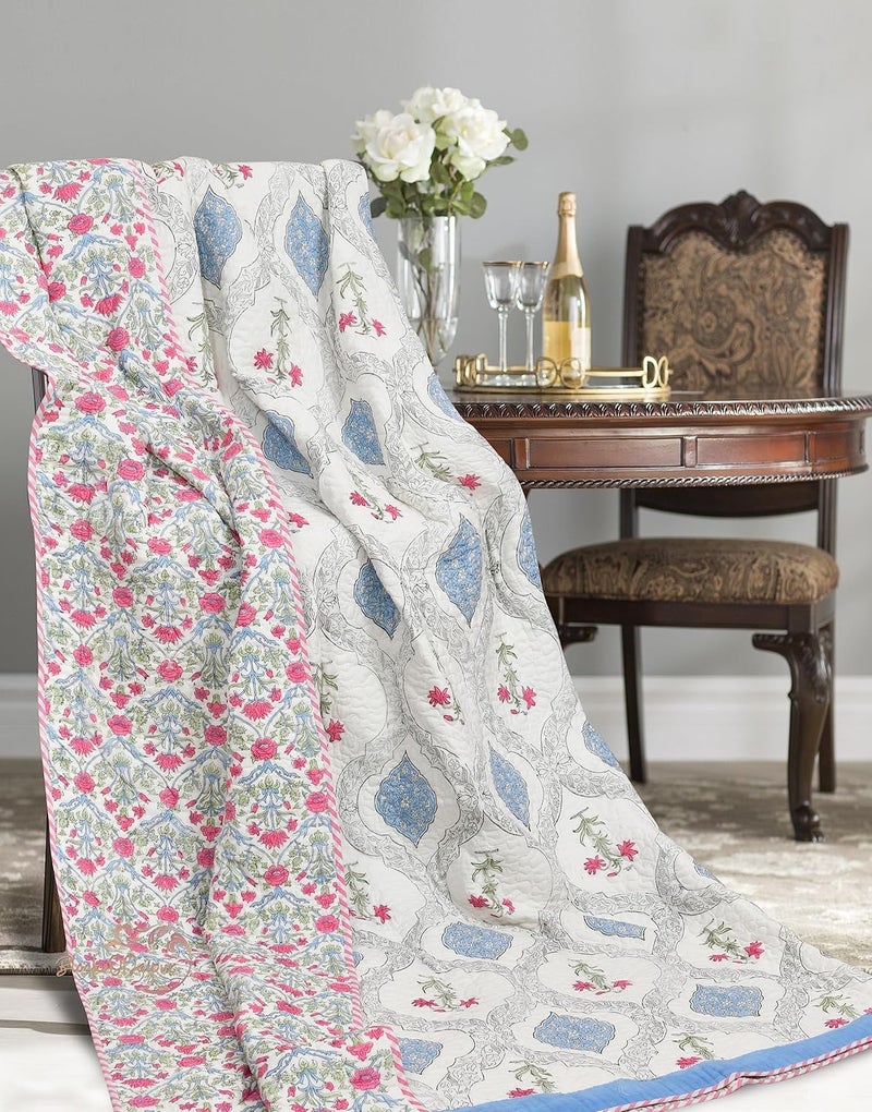 BRULD BRULD 380 GSM Jaipuri Razai Hand Block Machine Quilting Printed Breathable Quilted Bedspread Bedcover with 2 Pillow Cover Winter Cotton King Razai Quilt RazaiKing Size Rajai Blue Botta  - Image 5