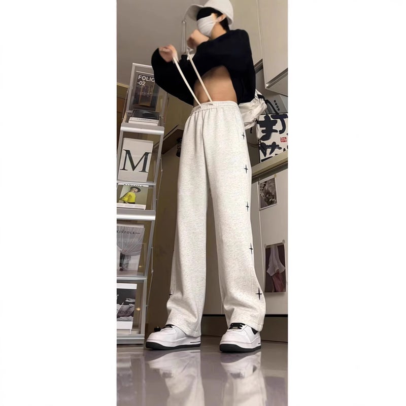 American Style Heavy White Gray Sports Pants Mens Trendy Brand Spring and Autumn New Straight Drain Casual All-match High Street Pants white gray - Image 1