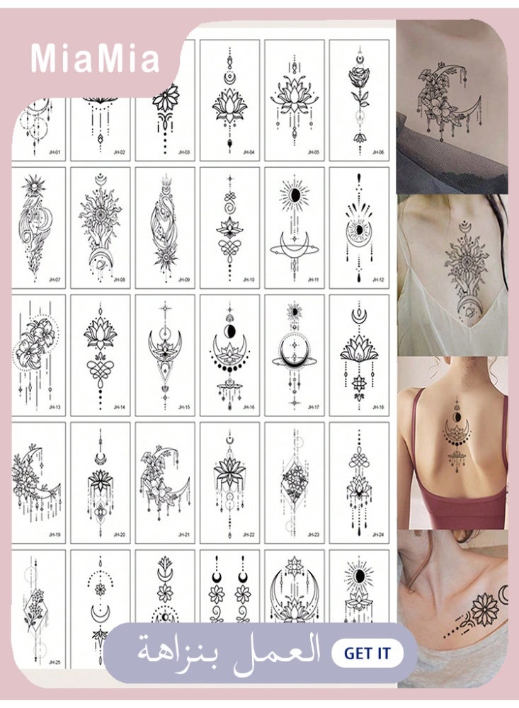 Miamia 30 Pcs Waterproof Temporary Tattoo Stickers, Including Sun, Moon, Rose, Butterfly, Lotus Patterns, Suitable For Men And Women Adults White Tattoo Stickers Tattoo Stickers Black  - Image 1