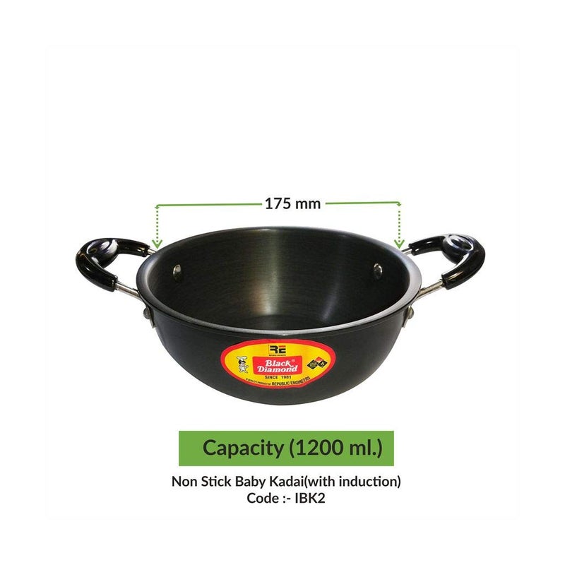 Black Diamond 3 mm Hard Anodised Baby Kadai with Lid (with Induction) - 1.2Litre - Image 3