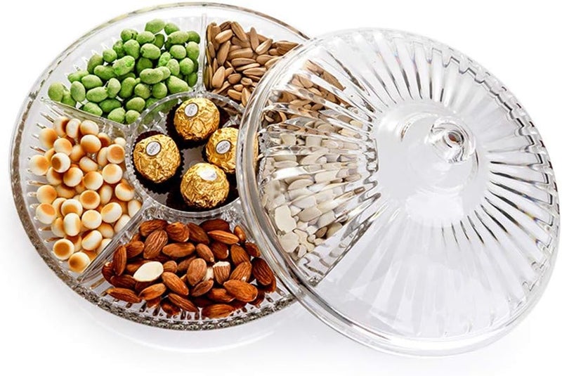 FEOOWV Creative Acrylic Multifunctional Party Snack Tray with Lid,Serving Dishes for Dried Fruits Nuts Candies Fruits,6-Compartment (Clear) - Image 3
