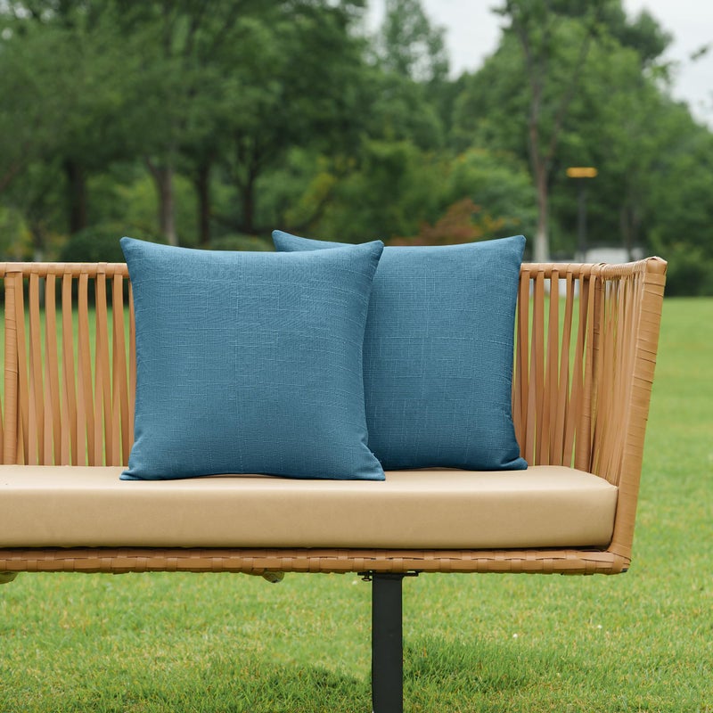 NiNi ALL Pack of 2 Decorative Outdoor Waterproof Pillow Covers Square Garden Linen Textured Cushion Sham Throw Pillowcase Set of 2 for Patio Farmhouse Garden Tent Couch 18x18 Inch Dark Blue - Image 2