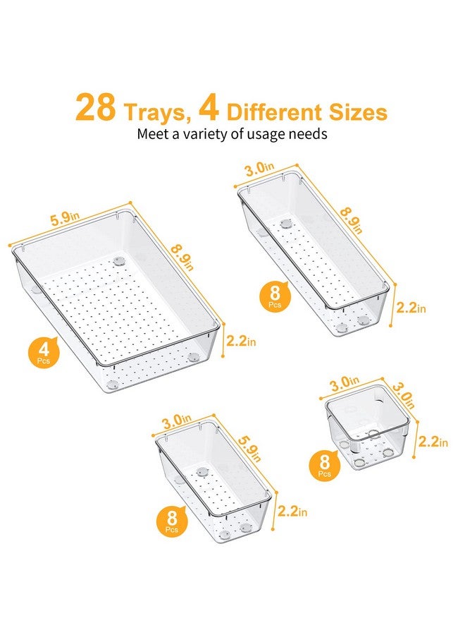 SMARTAKE 28-Piece Drawer Organizers with Non-Slip Silicone Pads, 4-Size Desk Drawer Organizer Trays Storage Tray for Makeup, Jewelries, Utensils in Bedroom Dresser, Office and Kitchen, Clear - Image 3