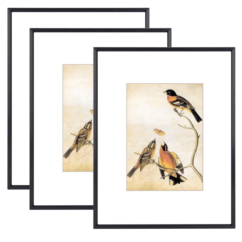 BKABOT 8.5x11 إطار الصورة مجموعة من 3 إطارات صور معدنية أسود مع زجاج HD يناسب 5x7 مع حصيرة أو 8.5x11 دون تعليق جدار حصيرة وعرض الجدول - Image 1