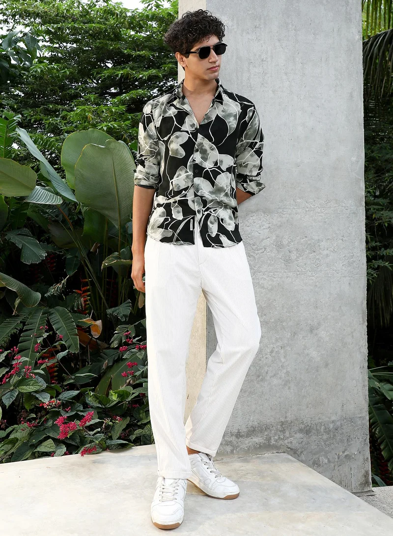 Campus Sutra Campus Sutra Men Artistic-Foliage Lined Imrprint Shirt | Abstract Leaf Print Full Sleeve | Regular Fit Spread Collar Curved Hem | Casual Lightweight Woven Fabric | Obsidian Black & Moon Grey