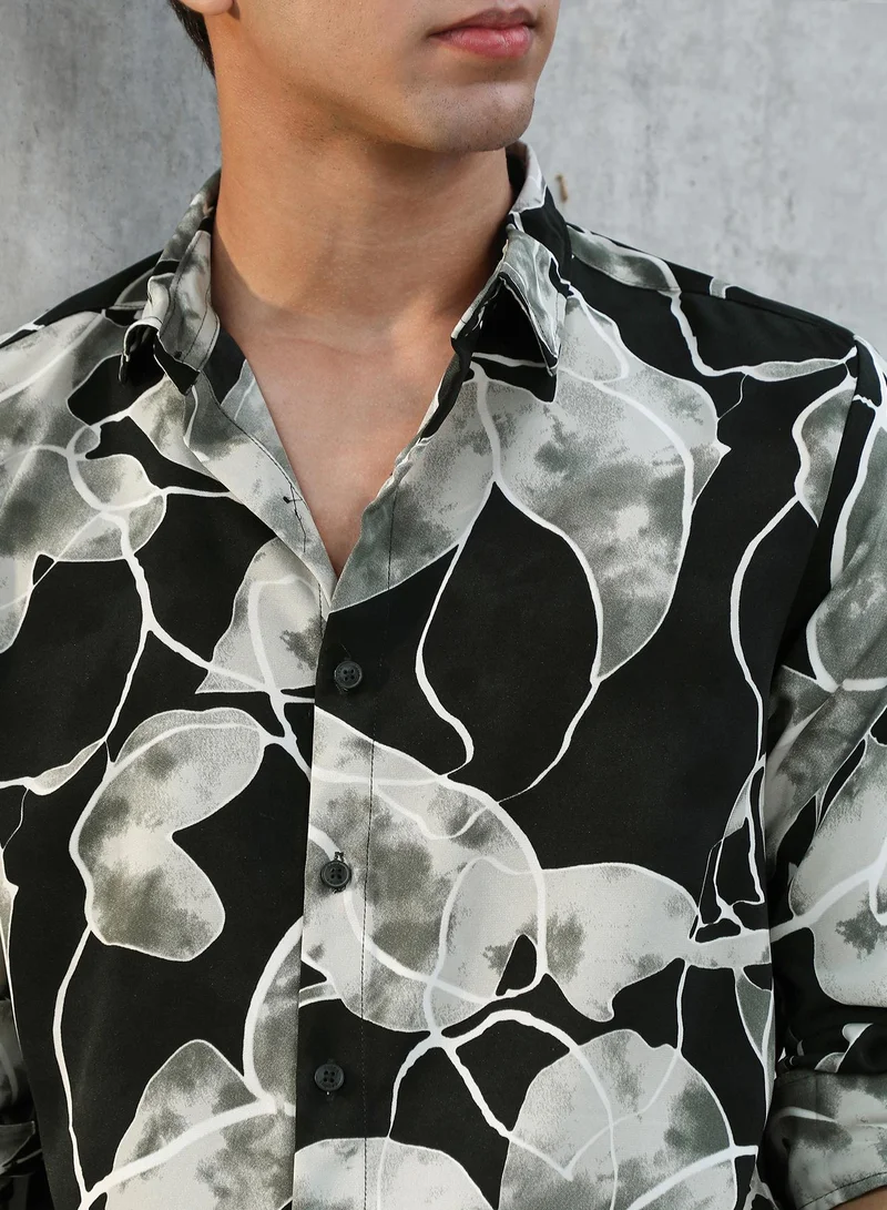 Campus Sutra Campus Sutra Men Artistic-Foliage Lined Imrprint Shirt | Abstract Leaf Print Full Sleeve | Regular Fit Spread Collar Curved Hem | Casual Lightweight Woven Fabric | Obsidian Black & Moon Grey