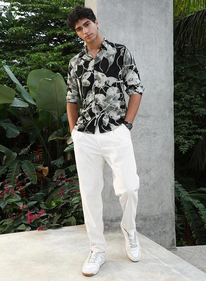 Campus Sutra Campus Sutra Men Artistic-Foliage Lined Imrprint Shirt | Abstract Leaf Print Full Sleeve | Regular Fit Spread Collar Curved Hem | Casual Lightweight Woven Fabric | Obsidian Black & Moon Grey